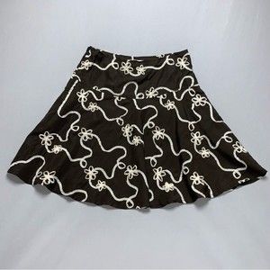 Brown Floral Applique Taffeta Circle Skater Skirt Womens Medium Flowy Loose Fit